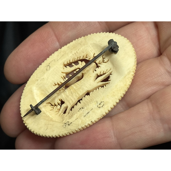 Antique German Hand Carved Antler Brooch Pin Jumping Stag Oval Detailed Carving - Picture 8 of 8